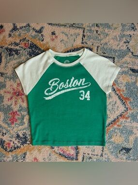 Boston Green & White Baby Tee – 100% Cotton – Medium